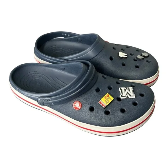 Crocs Mens Classic Clog Navy Blue Red White Accents‎ Jibbitz Size M 13 - Picture 8 of 11